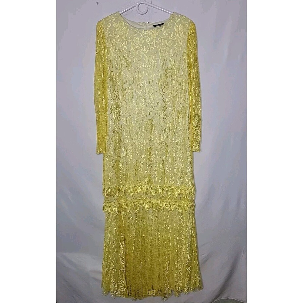 Vtg Mister Jay Yellow Floral Lace LS Drop Waist Maxi Formal Dress Womens Plus 16